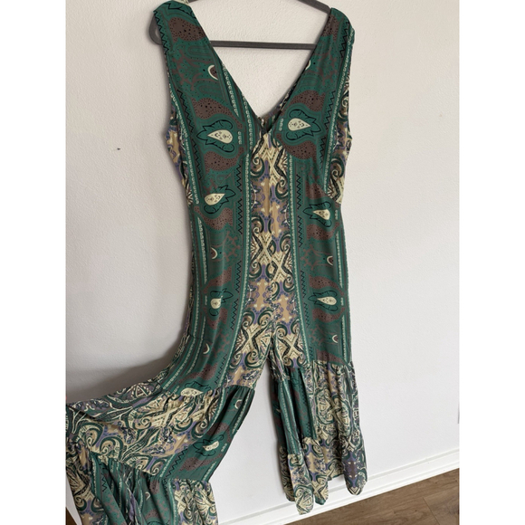 Angie Pants - Earthbound Boho Jumpsuit Wide Leg Romper Womens L Paisley Flowy Festival Hippie
